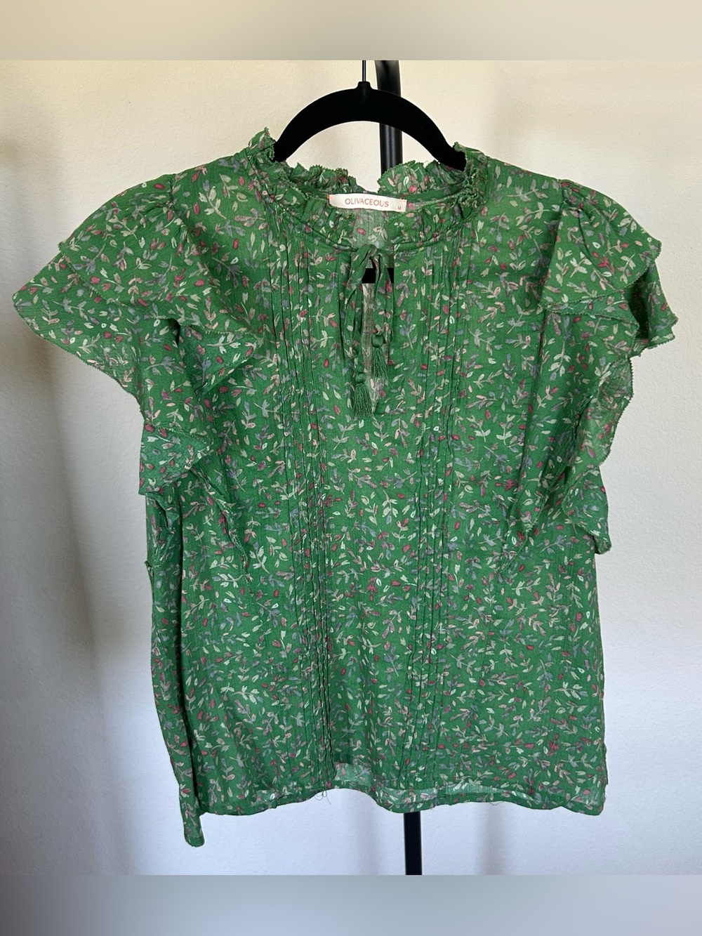 Olivaceous Green Floral Ruffle Sleeve Blouse